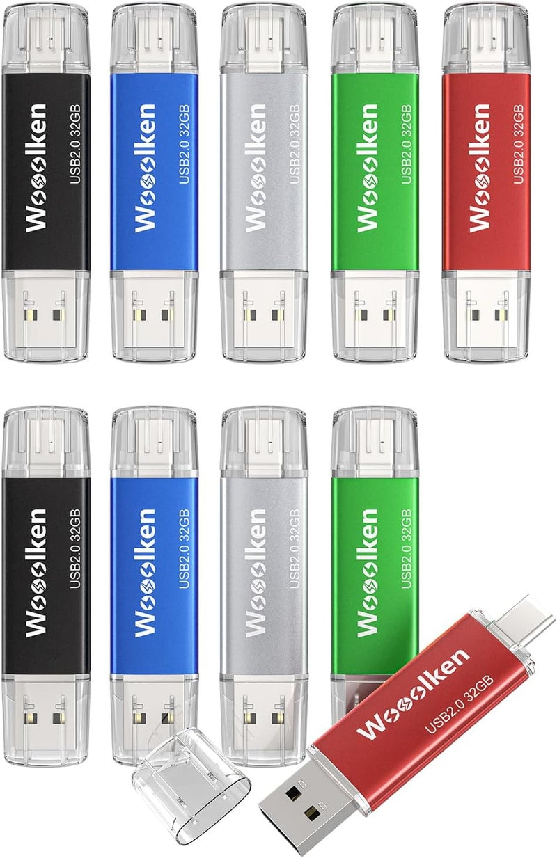 Wooolken USB C Flash Drive 32GB 10 Pack, Type-C Flash Drive + USB 2.0 Thumb Drive OTG Thumb Drive Compatible with iPhone 16/15, Android Smartphone/Tablets/Computers - Image 1